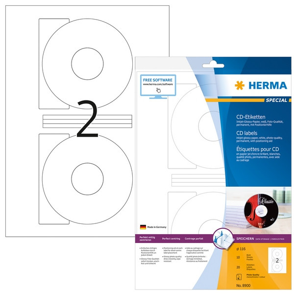 HERMA 8900 Этикетки самоклеющиеся Бумажные глянцевые А4, д. 116 мм, цвет: Белый, клей: перманентный, для печати на: лазерных аппаратах, в пачке: 10 листов/20 этикеток