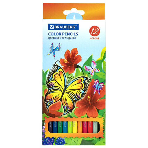 Карандаши цветные BRAUBERG "Wonderful butterfly", 12 цветов, заточенные, картонная упаковка с блестками, 180535