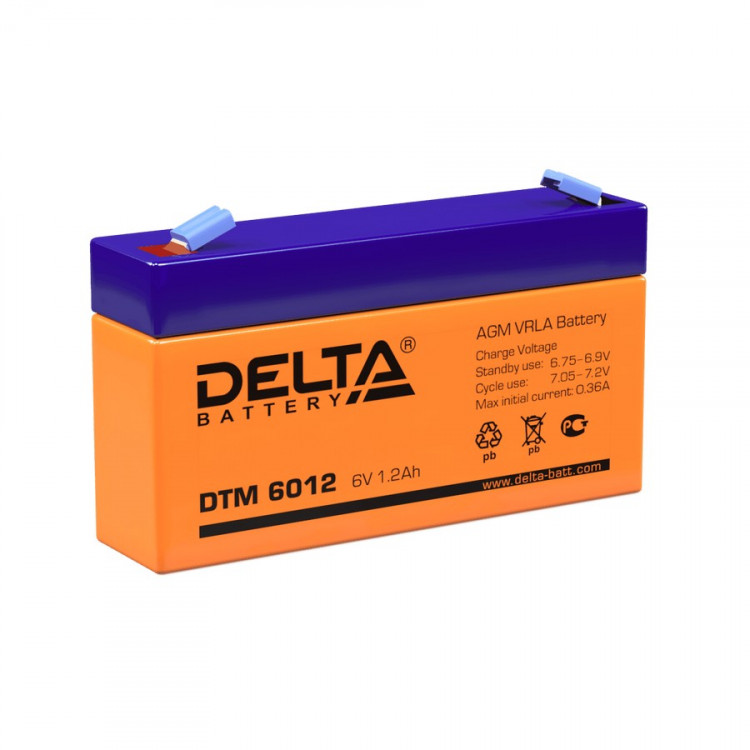 Energon Delta DTM 6012 Аккумуляторная батарея DELTA DTM 6012 (6В / 1,2Ач, Тип: AGM, Клемма: F1, ДхШхВ: 97х24х52мм (Полная высота: 58мм), срок службы: 8 лет, Гарантия: 1г, вес: 0,31кг)