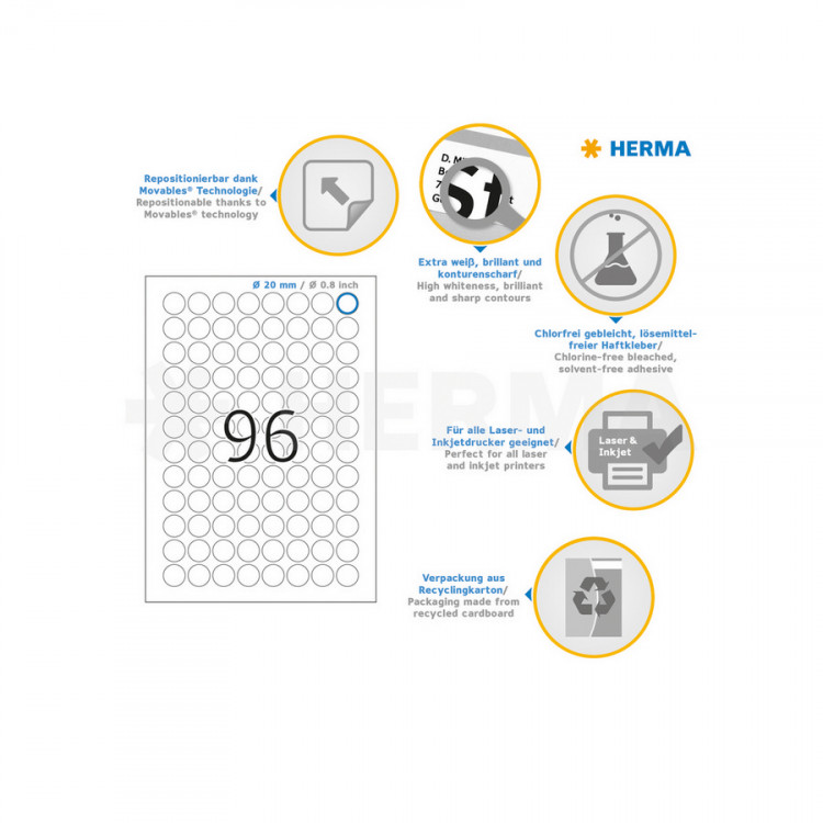 HERMA 4386 (круглые) Этикетки самоклеющиеся Бумажные А4, д. 20 мм, цвет: Белый, клей: не перманентный (removable - обладает свойствами стикера), для печати на: струйных и лазерных аппаратах, в пачке: 25 листов/2400 этикеток