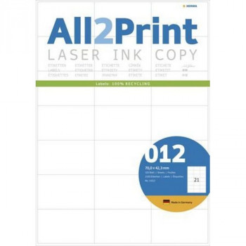 HERMA All2Print 11012 Этикетки самокеющиеся Бумажные А4, 70,0*42,3, цвет: Белый, Клей: перманентный, для печати на: струйных и лазерных аппаратах, в пачке: 100 листов/2100 этикеток Компания HEWLETT PACKARD (HP), официально рекомендует использовать продукцию Компании HERMA на своей технике. Компания HERMA имеет специальный сертификат, выданный ей от НР.