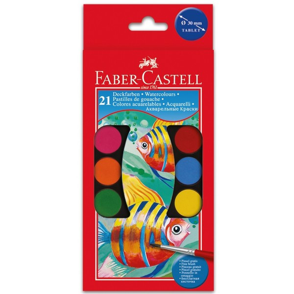Краски акварельные Faber-Castell Watercolours 21, набор 21 цвет, 30 мм, с 2 кисточками в пластиковом поддоне (125021)