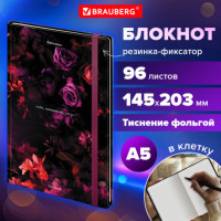 Блокнот с резинкой в клетку 96 л., А5 145х203 мм, твердая обложка с фольгой, BRAUBERG, "Цветы", 116327