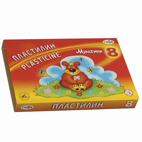 Пластилин классический ГАММА "Мультики", 8 цветов, 160 г, со стеком, картонная упаковка, 280016/281016, 280016, 281016