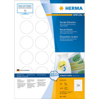 HERMA 4476 (круглые) Этикетки самоклеющиеся Бумажные А4, д. 40 мм, цвет: Белый, клей: не перманентный (removable - обладает свойствами стикера), для печати на: струйных и лазерных аппаратах, в пачке: 100 листов/2400 этикеток