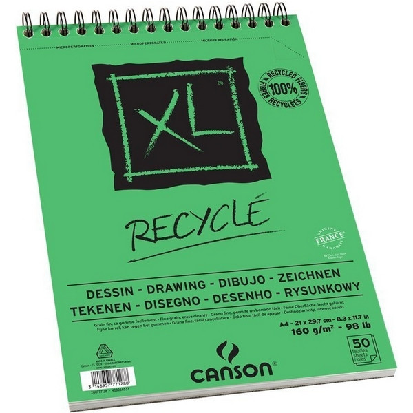 Альбом CANSON XL Recycle для графики. Мелкое зерно, 21х29.7см, 160г/кв.м, 50л, спираль по короткой стороне (200777128)