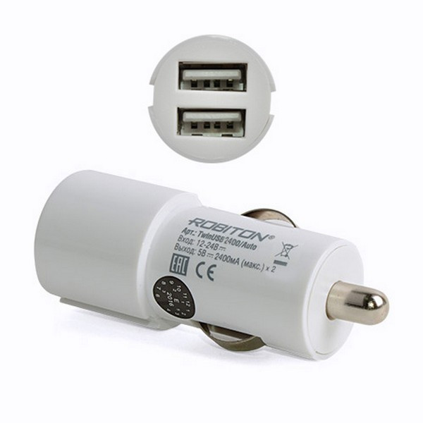 Адаптер/блок питания автомобильный ROBITON TwinUSB2400/AUTO 4800мА с 2 USB входом (12-24B) BL1