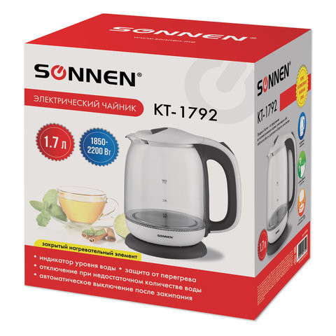 Чайник SONNEN KT-1792, 1,7 л, 2200 Вт, закрытый нагревательный элемент, стекло, белый, подсветка, 454348