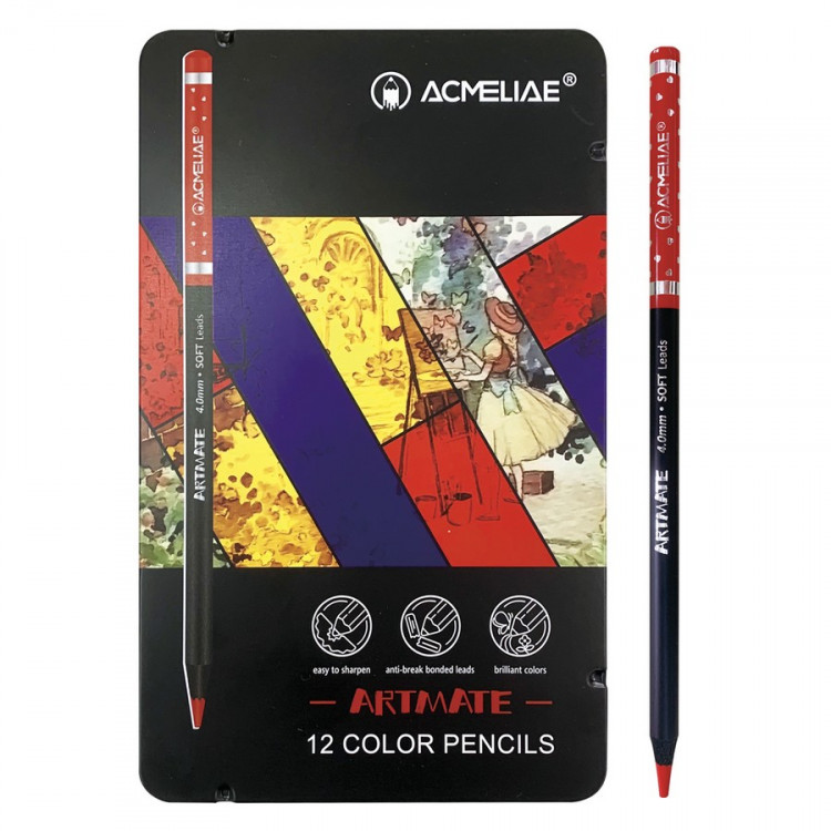 Набор цветных карандашей ACMELIAE Blackwood Artmate 12цв. в металлическом футляре, супермягкие, утолщенный грифель 4мм (ACMELIAE 43567)