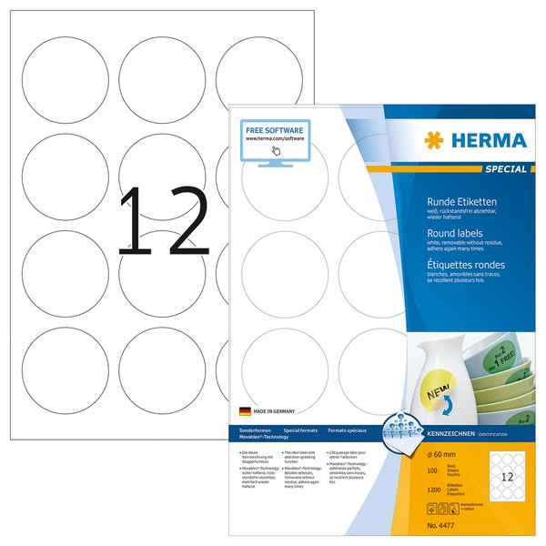 HERMA 4477 (круглые) Этикетки самоклеющиеся Бумажные А4, д. 60 мм, цвет: Белый, клей: не перманентный (removable - обладает свойствами стикера), для печати на: струйных и лазерных аппаратах, в пачке: 100 листов/1200 этикеток