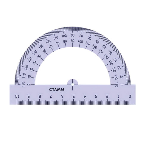 Транспортир 10 см, 180 градусов, пластиковый, СТАММ, тонированный, прозрачный, ТР13