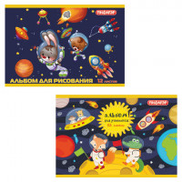 Альбом для рисования, А4, 12 л., скоба, обложка офсет, ПИФАГОР, 200х285 мм, "Космонавты" (2 вида), 104858