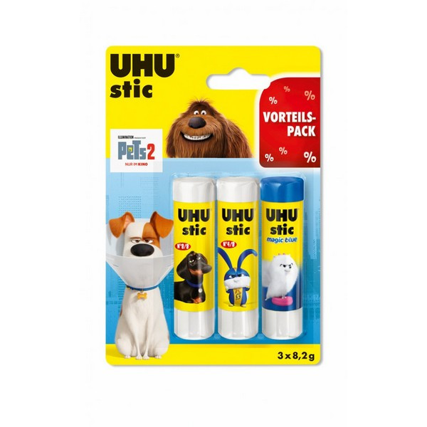 Клей-карандаш UHU Stick Magic Комплект: 2 шт Stick по 8,2 гр. + 1 шт Stick Magic 8,2 гр. Серия Домашние животные 2 (UHU 37395 The Secret Life of Pets 2)