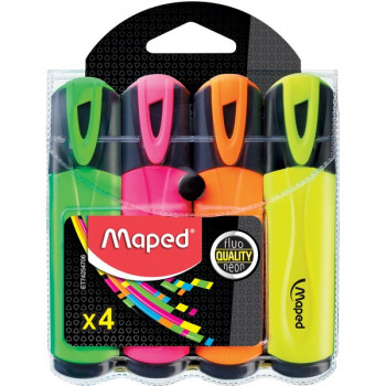 Набор текстовыделителей Maped Fluo Pep&#039;s Classic Neon, 4 цвета (MAPED 742547)* Текстовыделители MAPED "Fluo Pep's Classic" предназначен для любого типа бумаги, бумаги для факса и компьютерных распечаток, в том числе, отпечатанных на лазерных и струйных принтерах. Набор из 4 цветов ассорти.