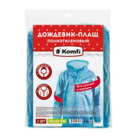 Дождевик плащ c капюшоном Komfi, 70x118 см, на кнопках, полиэтилен, 18 мкм, синий (KOMFI DPL002E, 610564)