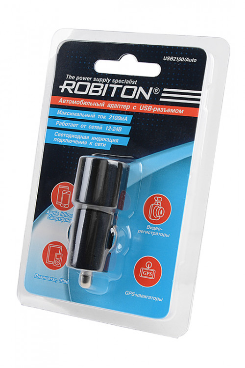 Адаптер/блок питания автомобильный ROBITON USB2100/Auto 2100мА с USB входом (12-24V) BL1