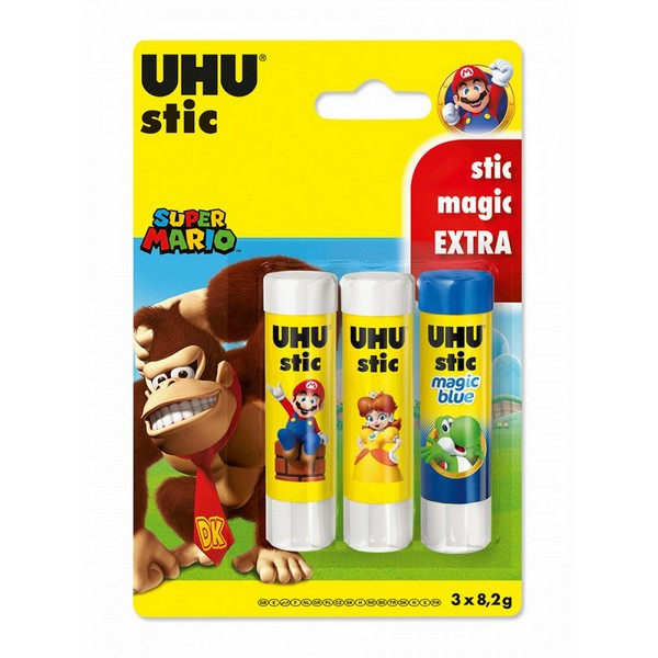 Клей-карандаш UHU Stick Magic Комплект: 2 шт Stick по 8,2 гр. + 1 шт Stick Magic 8,2 гр. Серия Супер Марио (UHU 37395 Super Mario Bros.)