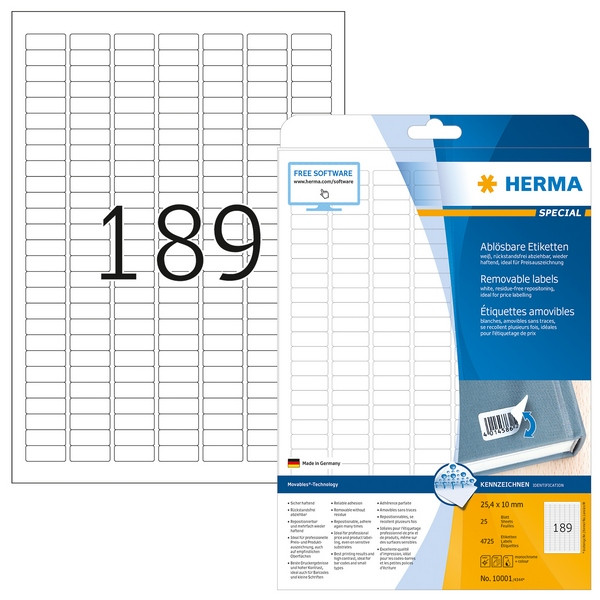 HERMA 10001/4344 (круглые углы) Этикетки самоклеющиеся Бумажные А4, 25.4 x 10.0, цвет: Белый, клей: не перманентный (removable - обладает свойствами стикера), для печати на: струйных и лазерных аппаратах, в пачке: 25 листов/4725 этикеток