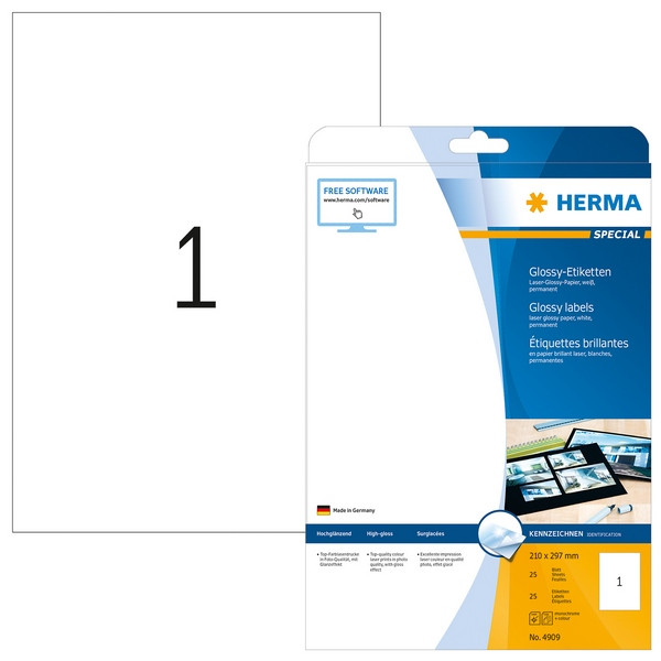 HERMA 4909 Этикетки самоклеющиеся Бумажные глянцевые А4, 210.0 x 297.0, цвет: Белый, клей: перманентный, для печати на: лазерных аппаратах, в пачке: 25 листов/25 этикеток