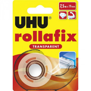 Клейкая лента канцелярская (скотч) UHU Rollafix Transparent, прозрачная, 19 мм х 7,5 м., в диспенсере (UHU 36955) Канцелярская клеевая лента прозрачная UHU Rollafix высокого качества, выполнена в современном дизайне. Диспенсер оснащен дозатором с металлическим ножом, позволяющим точно, просто и без усилий получить ровный фрагмент клеевой ленты любой длины.