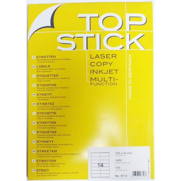 TOPSTICK 8713 Этикетки самокеющиеся Бумажные А4, 105.0 * 42.0, цвет: Белый, Клей: перманентный, для печати на: струйных и лазерных аппаратах, в пачке: 100 листов/1400 этикеток