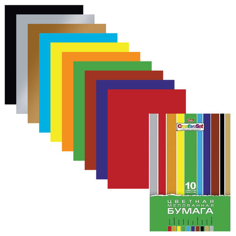 Цветная бумага А4 мелованная, 10 листов 10 цветов, в папке, HATBER "Creative Set", 195х280 мм, 008826, 10Бц4м_05930