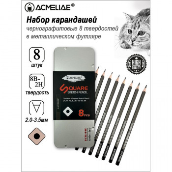 Набор чернографитных карандашей ACMELIAE 8 твердостей (2H,H,HB,B,2B,4B,6B,8B) в металле (ACMELIAE 43003) 