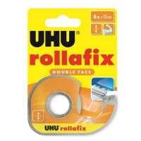 Клейкая лента двусторонняя (скотч) UHU Rollafix Double Face, двухсторонний скотч, 12 мм х 6 м., в диспенсере (UHU 36975)