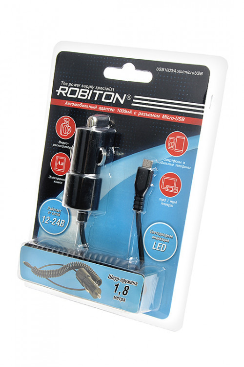 Адаптер/блок питания автомобильный ROBITON USB1000/Auto/microUSB (12-24B) BL1