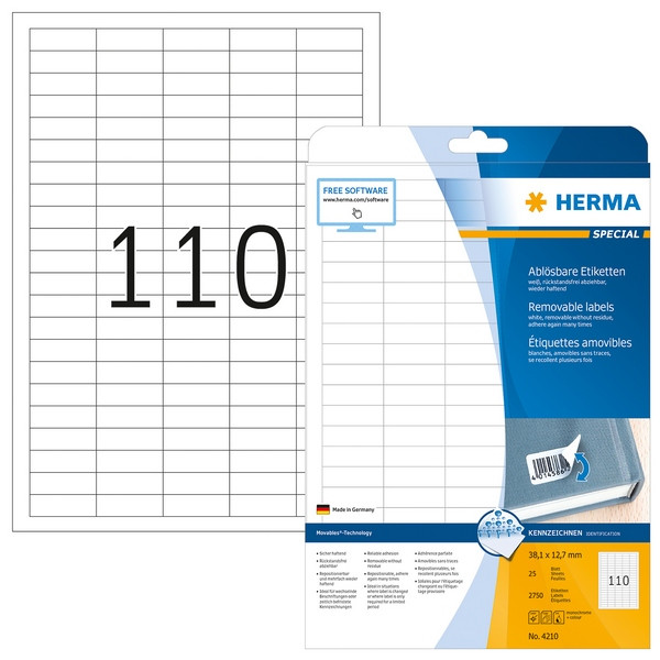 HERMA 4210 Этикетки самоклеющиеся Бумажные А4, 38.0 x 12.7, цвет: Белый, клей: не перманентный (removable - обладает свойствами стикера), для печати на: струйных и лазерных аппаратах, в пачке: 25 листов/2750 этикеток