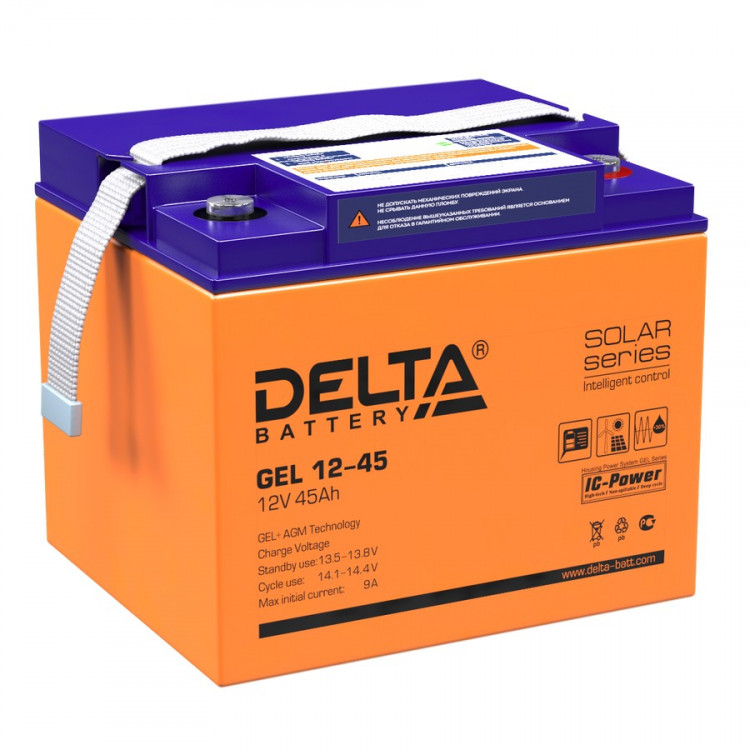 Energon Delta GEL 12-45 Аккумуляторная батарея DELTA GEL 12-45 (12В / 45Ач, Тип: AGM;Гелевый, Клемма: Болт М6, ДхШхВ: 196х166х173мм (Полная высота: 173мм), срок службы: 10-12 лет, Гарантия: 1г, вес: 14,1кг)