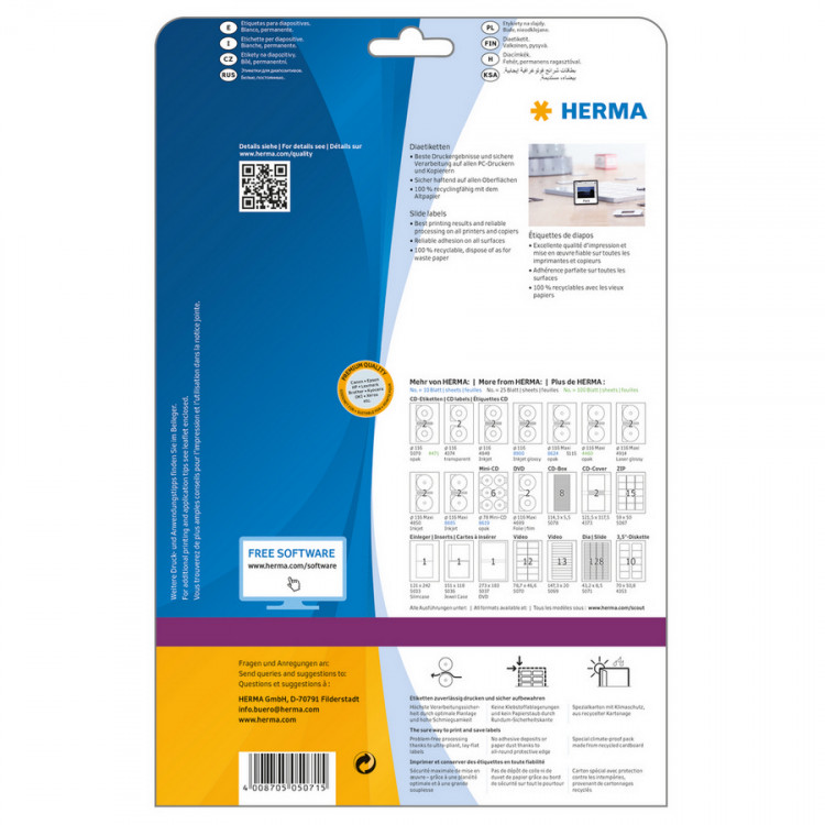 HERMA 5071 Этикетки самоклеющиеся Бумажные А4, 43 x 8.5, цвет: Белый, клей: перманентный, для печати на: струйных и лазерных аппаратах, в пачке: 25 листов/3200 этикеток