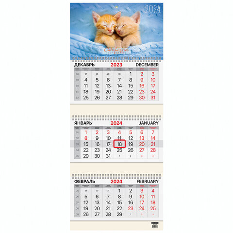 Календарь квартальный на 2024 г., 3 блока, 3 гребня, с бегунком, мелованная бумага, BRAUBERG, "Милые котята", 115292