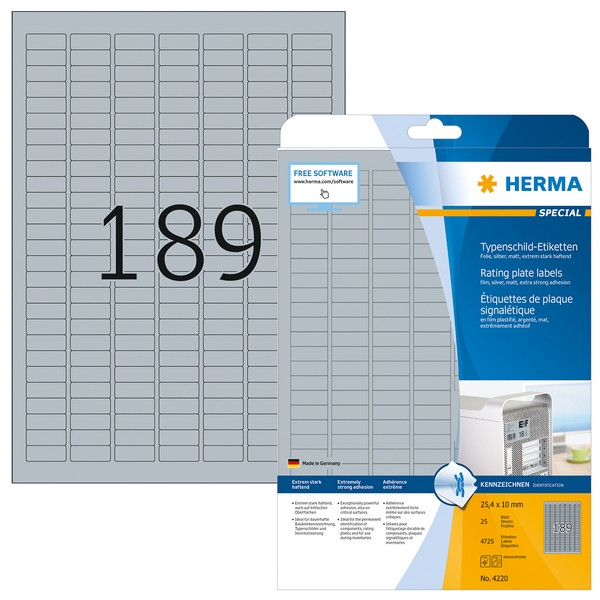 HERMA 4220 Этикетки самоклеющиеся Полиэстровые А4, 25.4 x 10.1, цвет: Серебристый, клей: перманентный, для печати на: лазерных аппаратах, в пачке: 25 листов/4725 этикеток