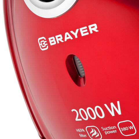 Пылесос BRAYER BR4221, с пылесборником, 2000 Вт, мощность всасывания 380 Вт, черный/красный
