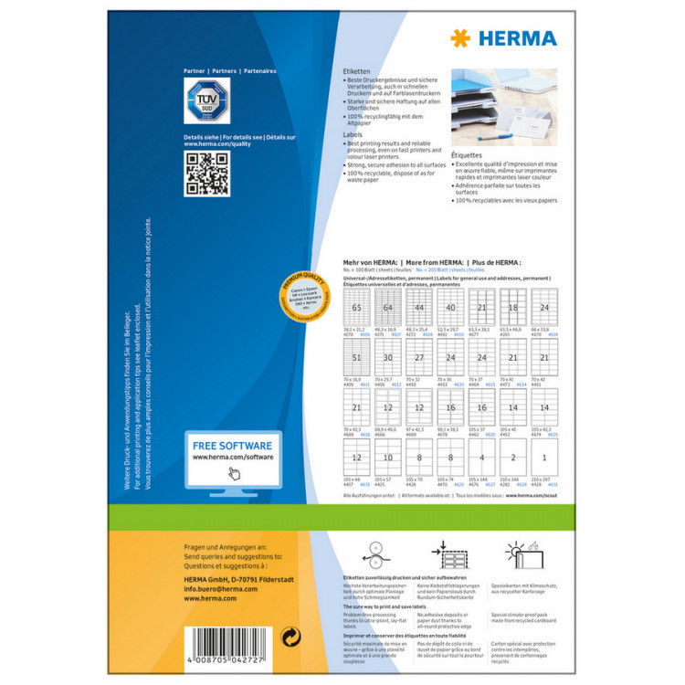 HERMA 4272 Этикетки самоклеющиеся Бумажные А4, 48.3 x 25.4, цвет: Белый, клей: перманентный, для печати на: струйных и лазерных аппаратах, в пачке: 100 листов/4400 этикеток