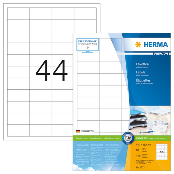 HERMA 4272 Этикетки самоклеющиеся Бумажные А4, 48.3 x 25.4, цвет: Белый, клей: перманентный, для печати на: струйных и лазерных аппаратах, в пачке: 100 листов/4400 этикеток