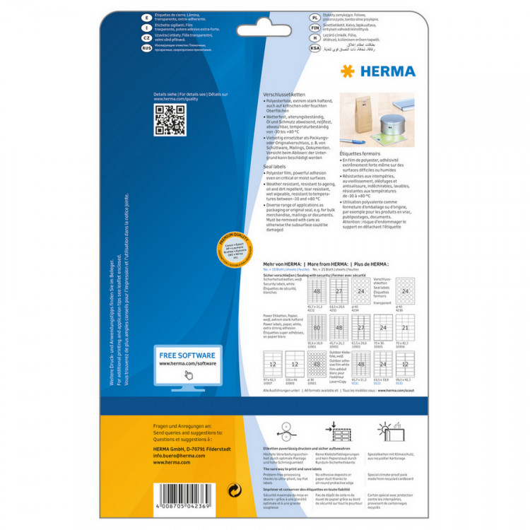 HERMA 4236 (круглые) Этикетки самоклеющиеся Полиэстровые А4, д. 40 мм, цвет: Прозрачный, клей: перманентный, для печати на: лазерных аппаратах, в пачке: 25 листов/600 этикеток