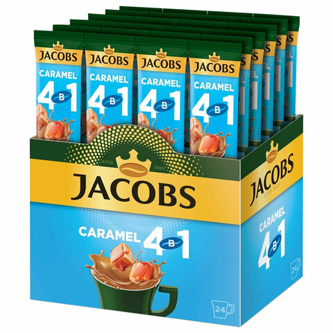 Напиток кофейный растворимый JACOBS "4в1 Caramel" со вкусом карамели,КОМПЛЕКТ 24 пакет. по 12г,79360, 8051062