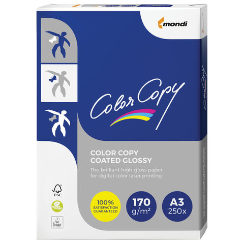 Бумага COLOR COPY GLOSSY, мелованная, глянцевая, БОЛЬШОЙ ФОРМАТ, А3, 170 г/м2, 250 л, для полноцв. лазерной печати, А++, Австрия, 139% (CIE)