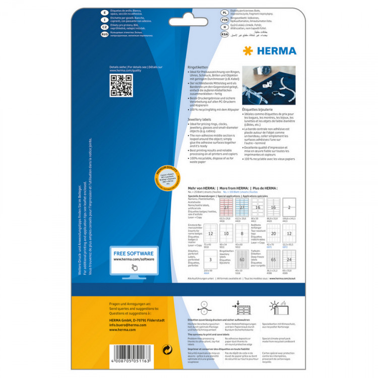 HERMA 5116 (ярлык для маркировки) Этикетки самоклеющиеся Бумажные А4, 49.0 x 10.0, цвет: Белый, клей: перманентный, для печати на: струйных и лазерных аппаратах, в пачке: 25 листов/1500 этикеток