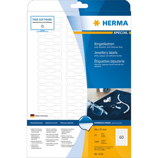 HERMA 5116 (ярлык для маркировки) Этикетки самоклеющиеся Бумажные А4, 49.0 x 10.0, цвет: Белый, клей: перманентный, для печати на: струйных и лазерных аппаратах, в пачке: 25 листов/1500 этикеток