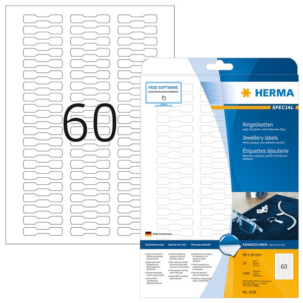 HERMA 5116 (ярлык для маркировки) Этикетки самоклеющиеся Бумажные А4, 49.0 x 10.0, цвет: Белый, клей: перманентный, для печати на: струйных и лазерных аппаратах, в пачке: 25 листов/1500 этикеток