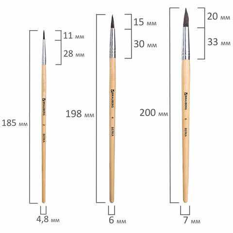 Кисть BRAUBERG Белка, круглая, набор 3 шт., круглые № 2, 4, 6 (BRAUBERG 200216)