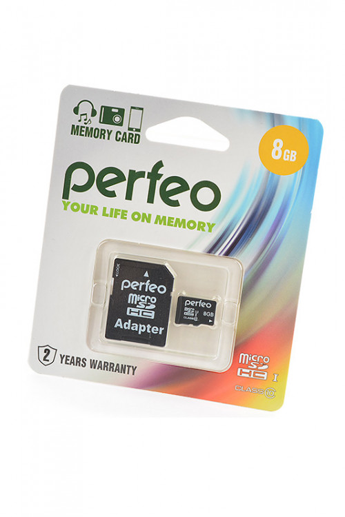 Носитель информации PERFEO microSD 8GB High-Capacity (Class 10) с адаптером BL1