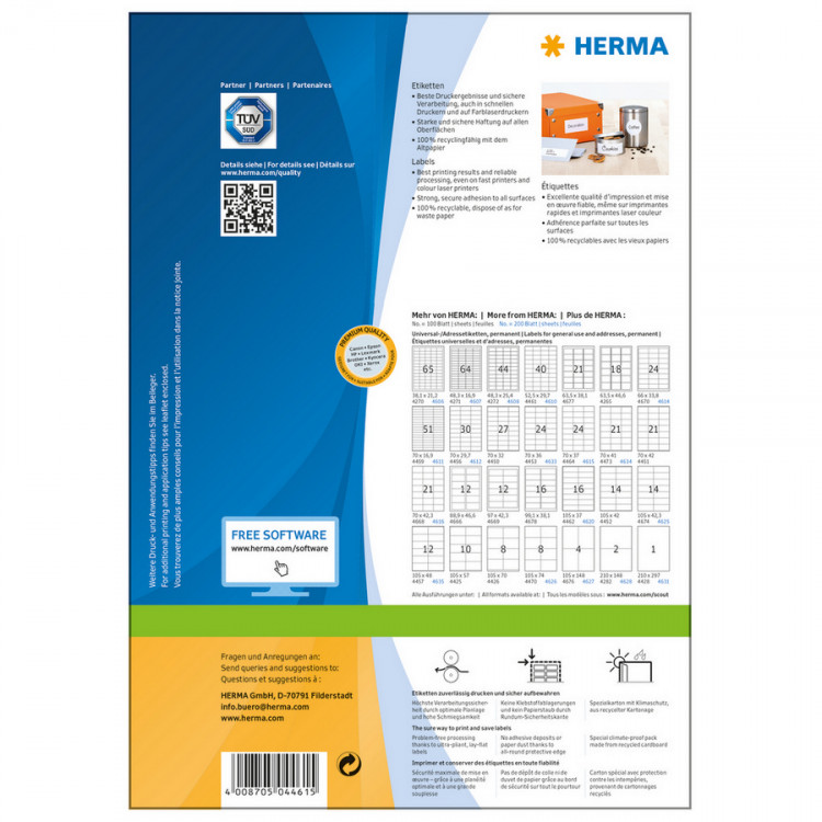HERMA 4461 Этикетки самоклеющиеся Бумажные А4, 52.5 x 29.7, цвет: Белый, клей: перманентный, для печати на: струйных и лазерных аппаратах, в пачке: 100 листов/4000 этикеток