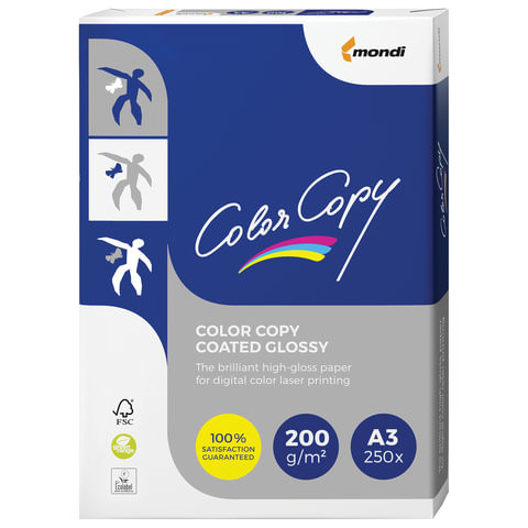 Бумага COLOR COPY GLOSSY, мелованная, глянцевая, БОЛЬШОЙ ФОРМАТ, А3, 200 г/м2, 250 л, для полноцв. лазерной печати, А++, Австрия, 139% (CIE)