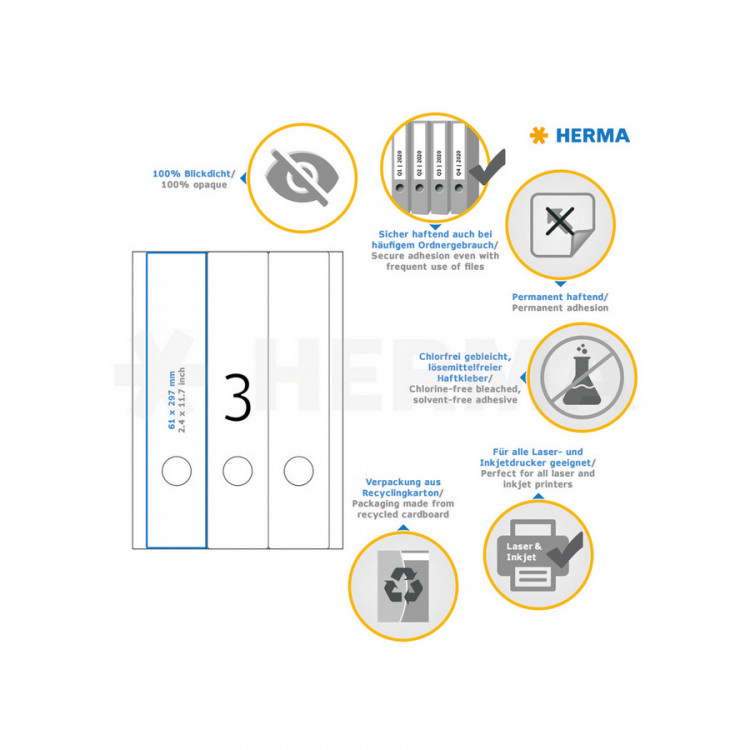 HERMA 5135 (для папок) Этикетки самоклеющиеся Бумажные А4, 61.0 x 297.0, цвет: Белый, клей: перманентный, для печати на: струйных и лазерных аппаратах, в пачке: 25 листов/75 этикеток
