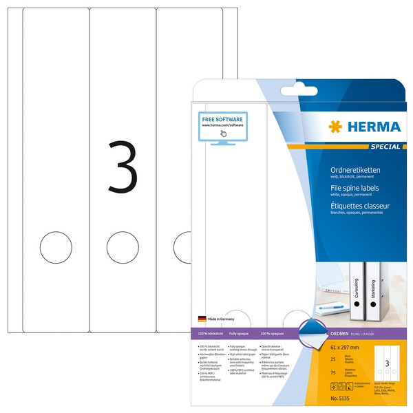 HERMA 5135 (для папок) Этикетки самоклеющиеся Бумажные А4, 61.0 x 297.0, цвет: Белый, клей: перманентный, для печати на: струйных и лазерных аппаратах, в пачке: 25 листов/75 этикеток