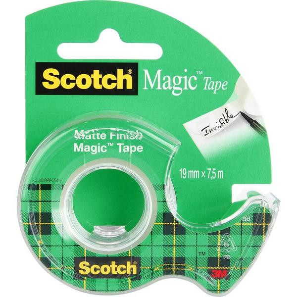 Клейкая лента (скотч) Scotch Magic Tape, канцелярская невидимая, с диспенсером, 19 мм x 7,5 м (3M 8-1975D-EEME, 70005076974)